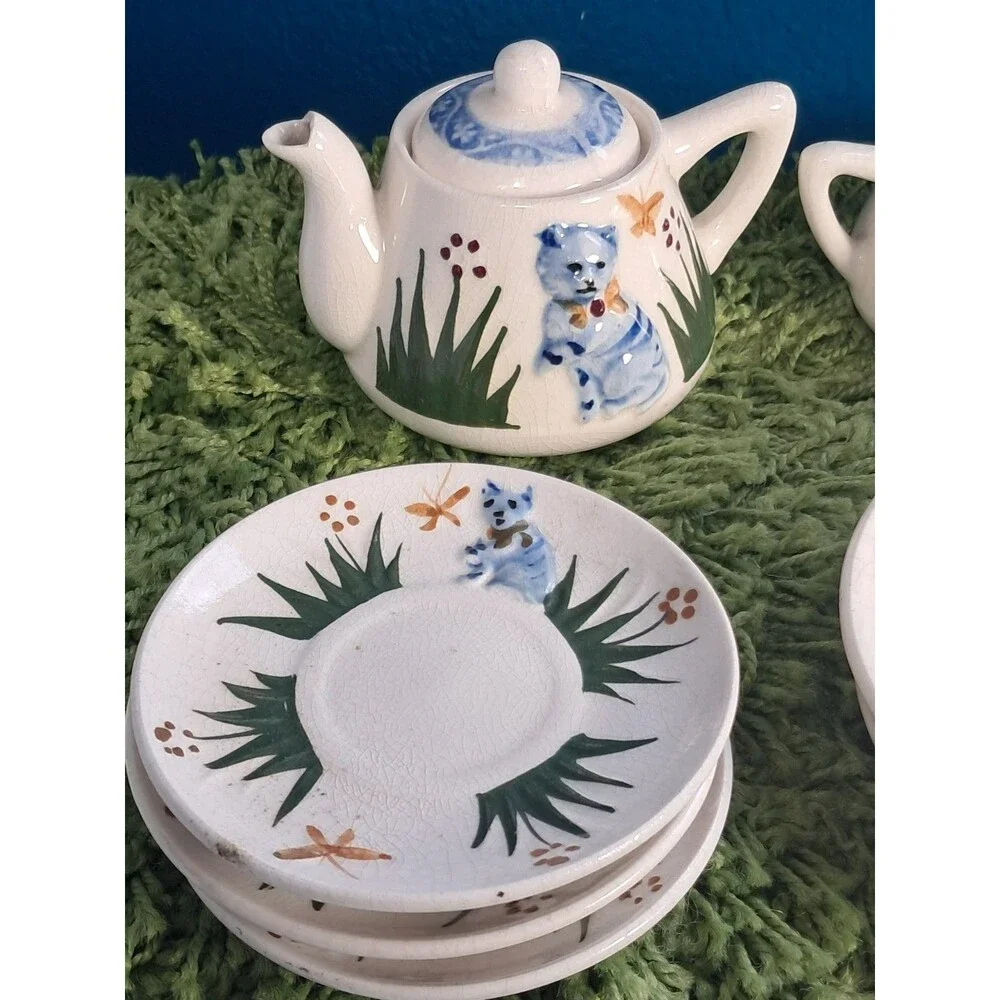 Antique 1920's Cat Tea Set Childs Majolica Tea Pot Saucers Sugar Ceramic